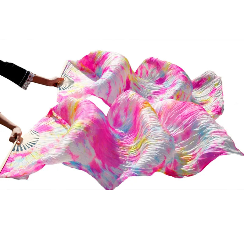 Real Silk Belly Dance 1PC/1pair Veil Fans High Quality Bamboo Handmade Dyed Tie Dye Belly Danc Performance Natural Silk Fans