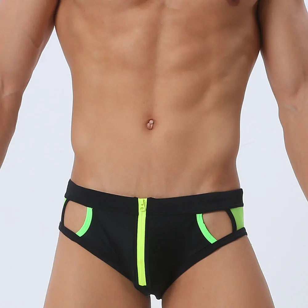 Front Zipper Triangle Swimsuit Print Swim Trunks Low Waist Swimwear Men Sexy Boxers Running Sports Briefs Beachwear Swim Trunks