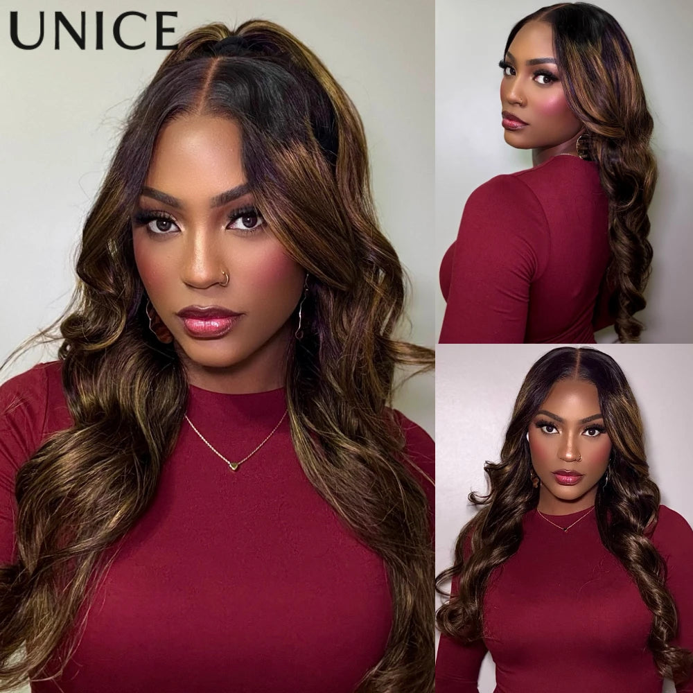 UNice Hair 7x5 Bye Bye Knots Wear Go Glueless Wig Brown Balayage Body Wave Wig Pre Cut Pre Bleached Human Hair Lace Wig 150%