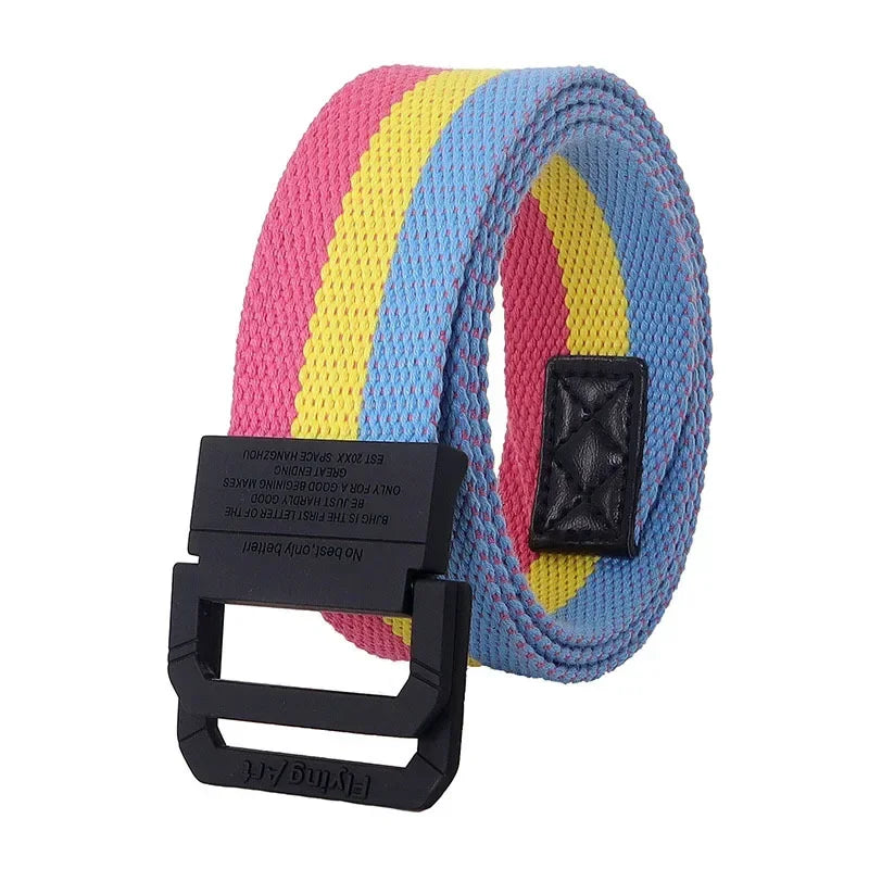Unisex Canvas Belt Men Stripe Rainbow Metal Double Ring Buckle Jeans Student - Belt Designer Belt for Women