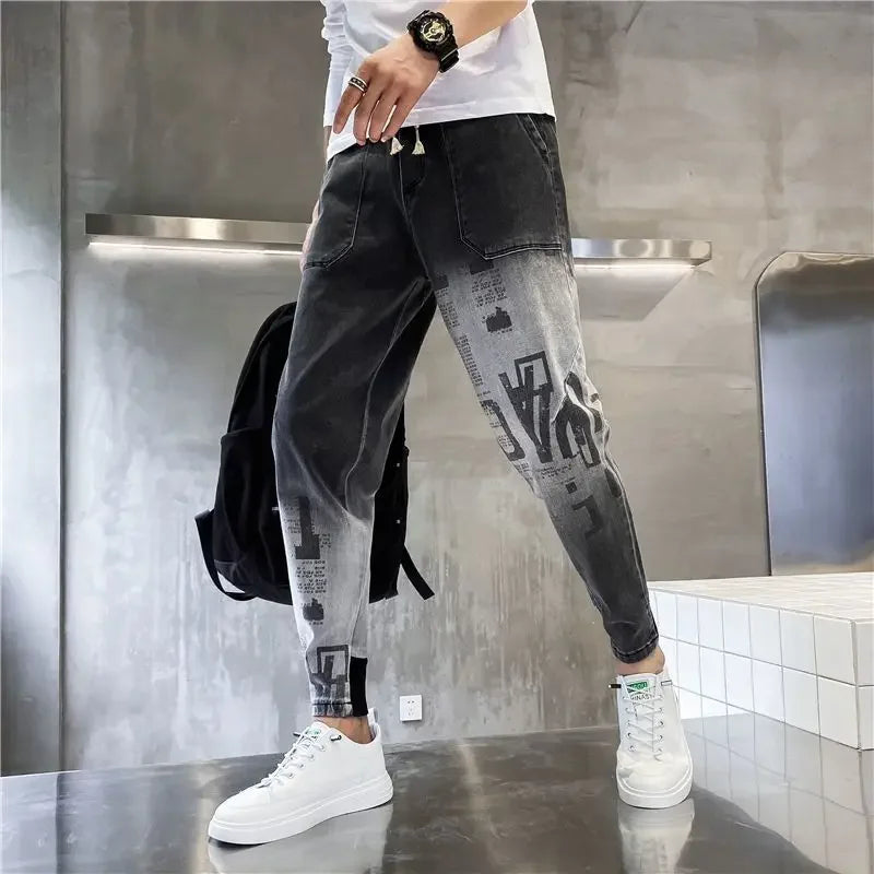 Harem Trousers with Print Black Graphic Jeans for Men Male Cowboy Pants Y2k Vintage Original Casual Cotton Y 2k Buggy Plus Size