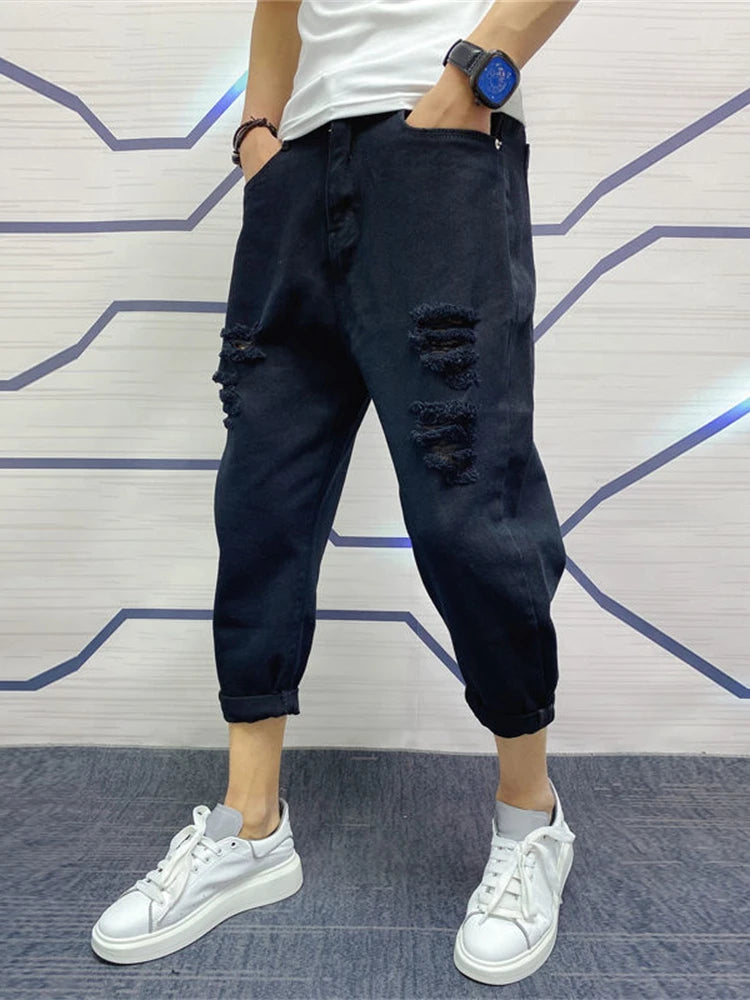 Japanese Trend New Men's Ripped Hole Jeans White Green Black Ankle Length Youth Fashion Loose Denim Harem Cargo Pants