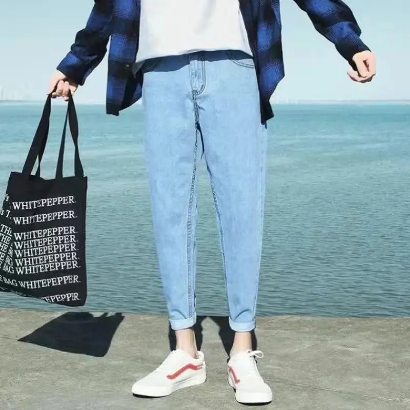 Male Cowboy Pants Oversize Summer Cropped Ripped Men's Jeans with Holes Broken Torn Plus Big Size Trousers Korean Fashion Cheap