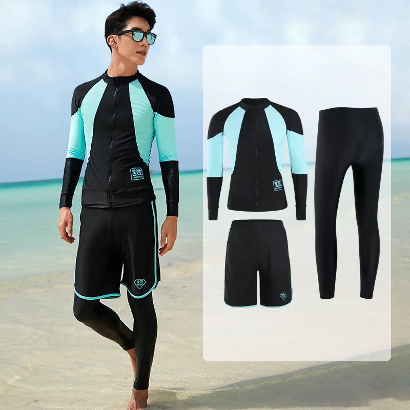 Men Rash Guard Diving Suits Surfing Swimwear Long Sleeve Suit Swim Shirt+Trunks+Shorts UV Swimming RashGuard Prevent Jellyfish