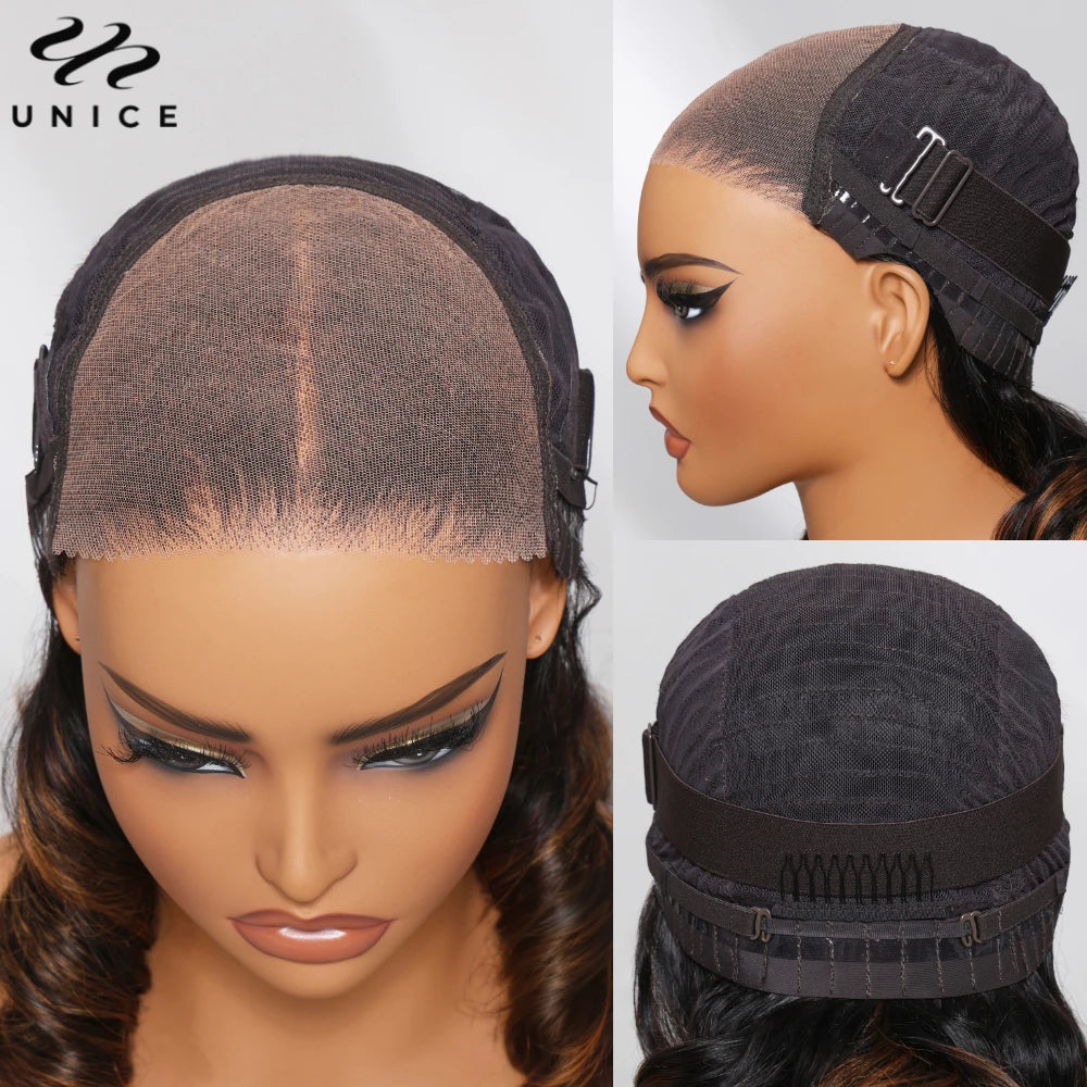 UNice Hair 7x5 Bye Bye Knots Wear Go Glueless Wig Brown Balayage Body Wave Wig Pre Cut Pre Bleached Human Hair Lace Wig 150%
