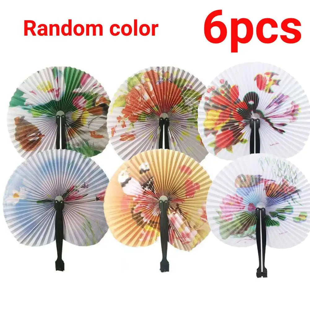 6pcs Paper Folding Fans Color Random Round Paper Fan Chinese Style Hand Fan Wedding Foldable Paper Fans Hand Held Folding Fans