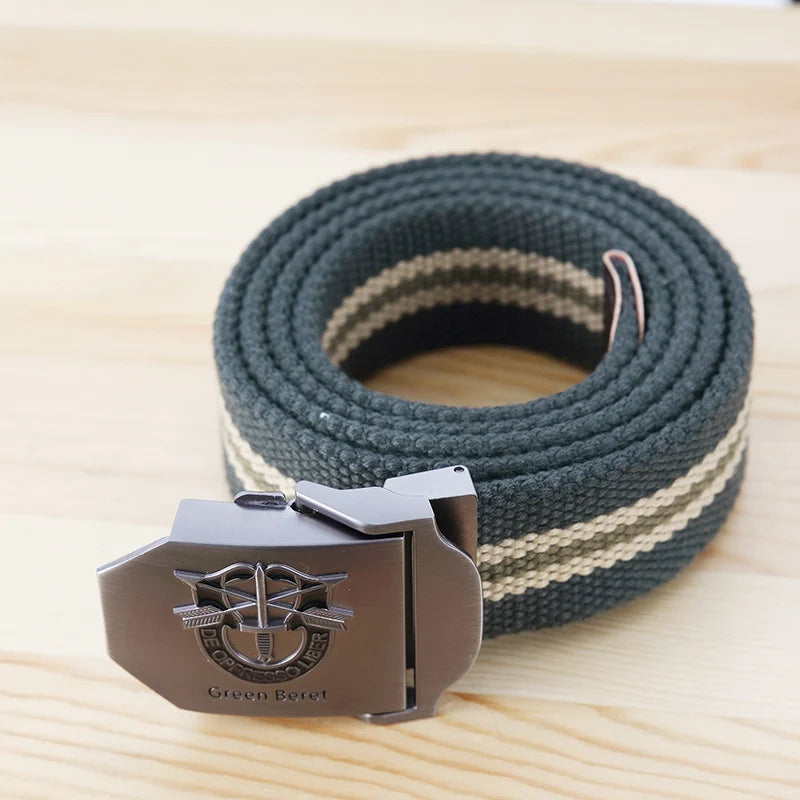 Men Canvas Belt Green Beret Metal Buckle Tactical Belts for Men Jeans Waistband Army Outdoor Soldier Special forces Strap Male