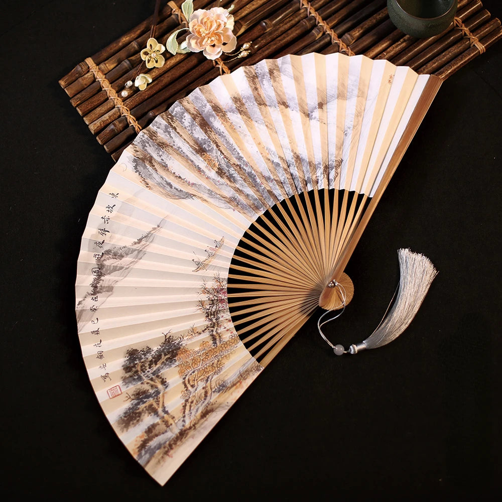 Chinese Retro Folding Hand Fan Bamboo Hand Painted Drama Folding Fan Double Side Vintage Hand Paper Fans Portable Folding Fans