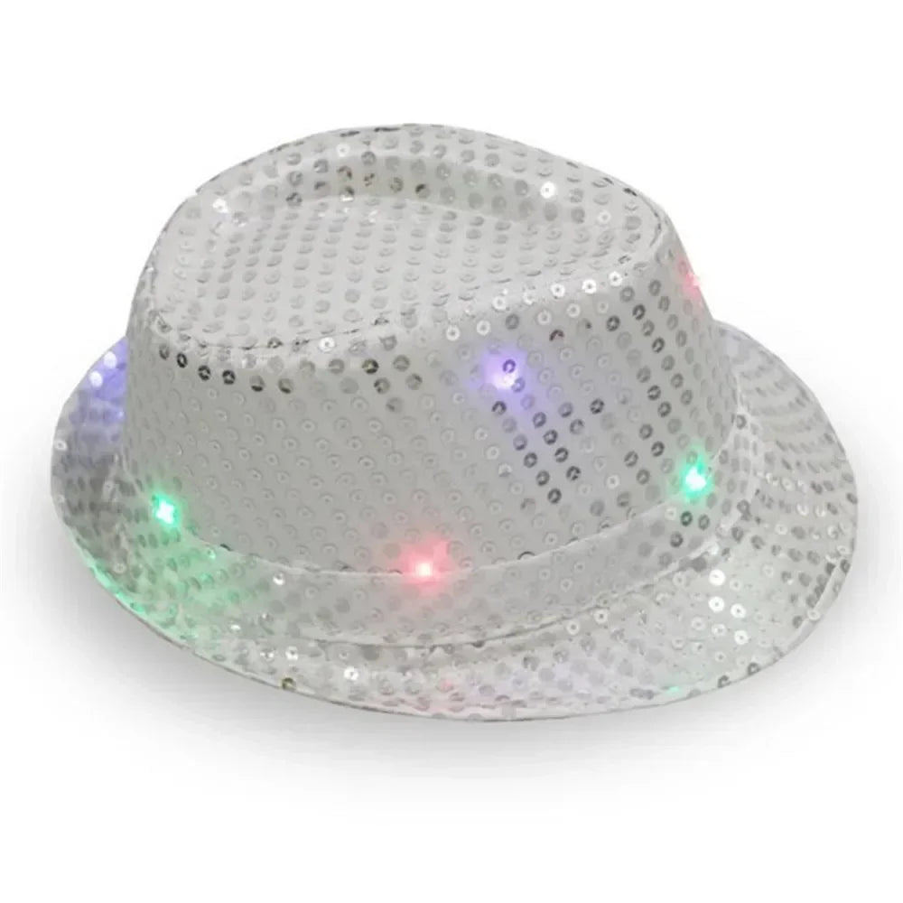Woman Men Kids LED Light Up Sequin Fedora Jazz Hat Cap Gift Necktie Tie Neon Glow Party Bar Birthday Costume Wedding Festival