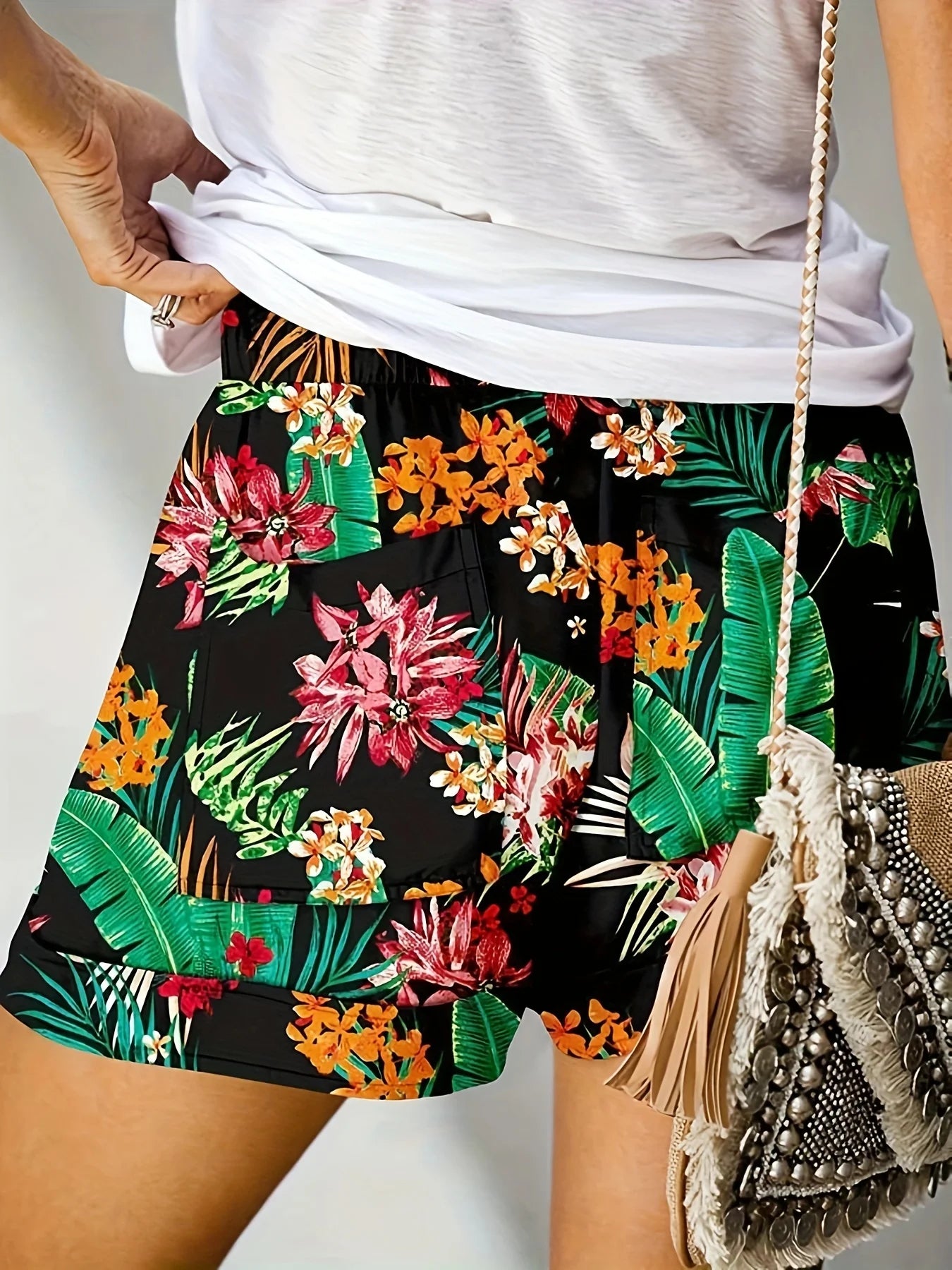Plus Size High Stretch Loose Straight Leg Printed Women's Shorts Women’s Plus Size Clothing