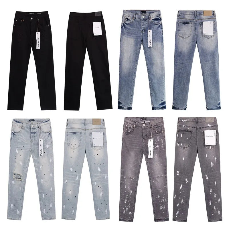 Purple Jeans American High Street Ripped Patch Trendy Retro Straight Men's Trousers Jeans for Men Ripped Jeans Skinnyjeansmen