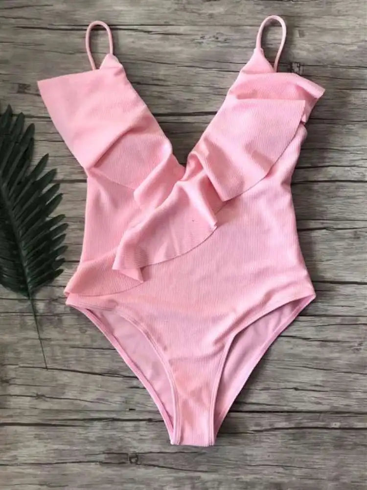 Sexy One-Piece Swimsuit Women Swimwear Push Up Monokini Ruffle Bathing Suit High Waist Beach Wear Yellow Swimsuit Fused Female