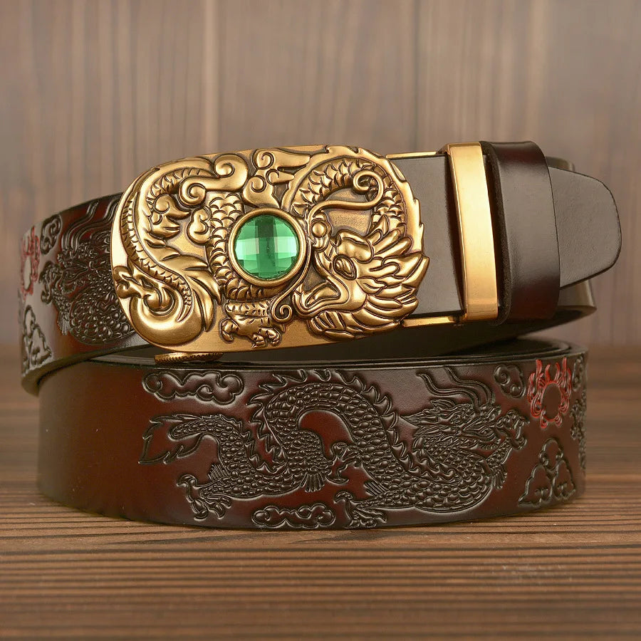 Men's Dragon Pattern Jewel Belt Coskin Leather Belt Men's Carved Dragon Pattern Automatic Buckle Belt Jeans New Designer Belt