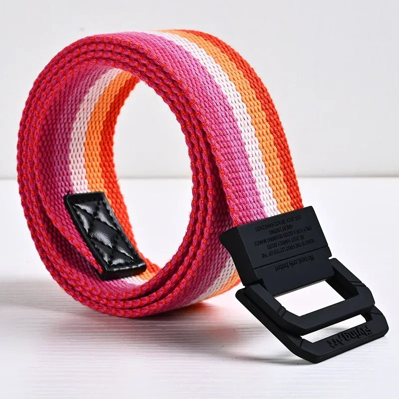 Unisex Canvas Belt Men Stripe Rainbow Metal Double Ring Buckle Jeans Student - Belt Designer Belt for Women