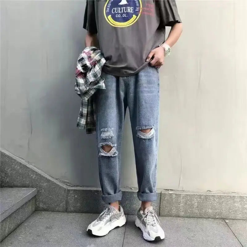 Male Cowboy Pants Oversize Summer Cropped Ripped Men's Jeans with Holes Broken Torn Plus Big Size Trousers Korean Fashion Cheap