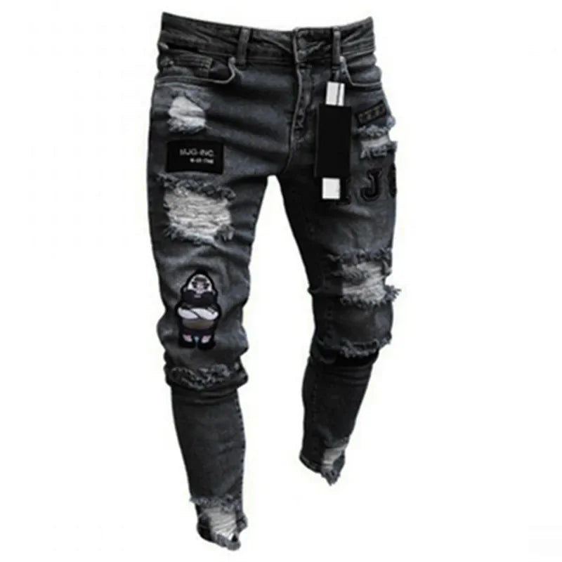 Jeans For Men 2022 Gradient Color Ripped White Dots Jeans Male Motor Biker Skinny Jeans Homme Men's Clothing Zipper Denim Pants
