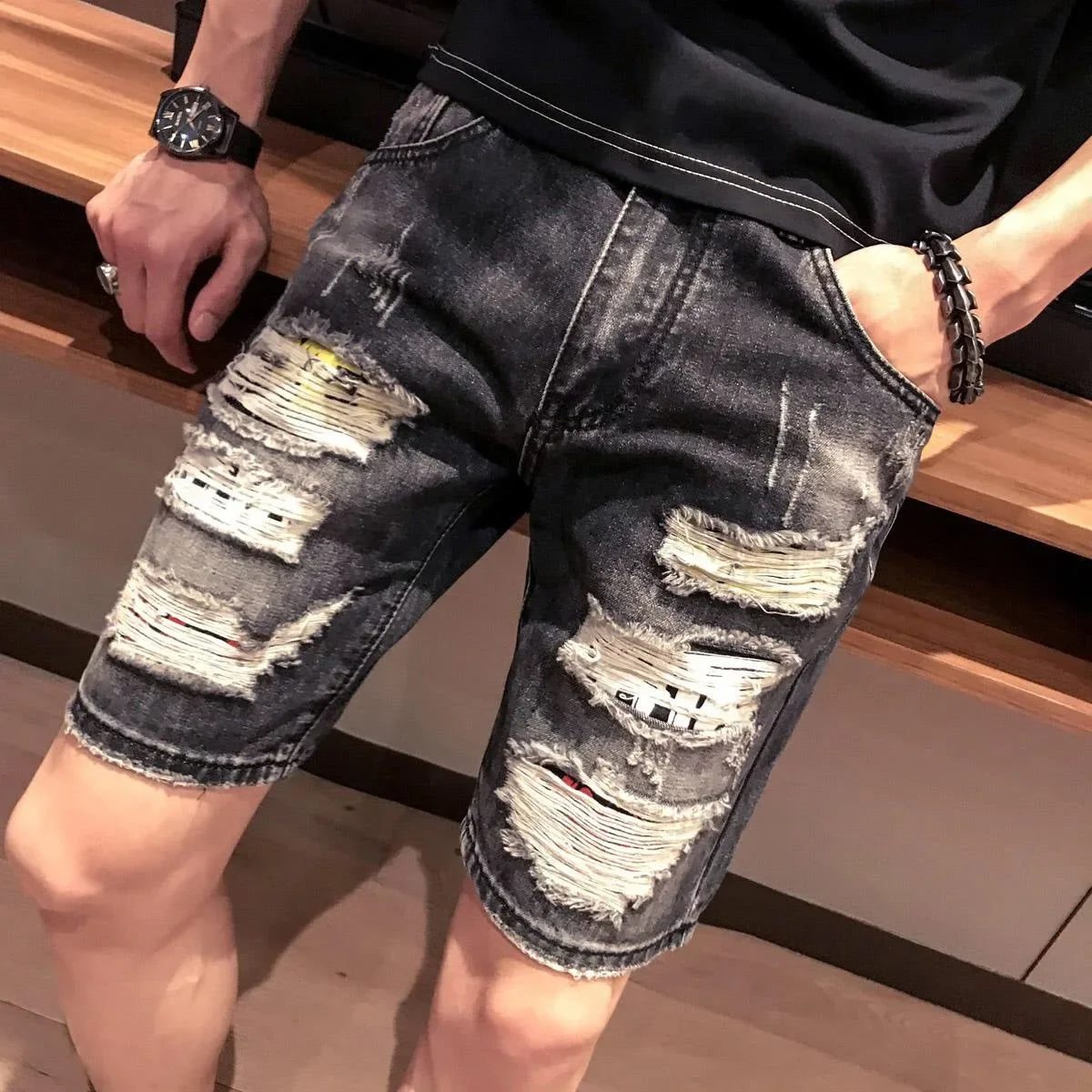 Man Denim Shorts with Text Straight Ripped Camouflage Short Jeans Pants for Men Original Thin Korean Fashion Cut Popular Summer