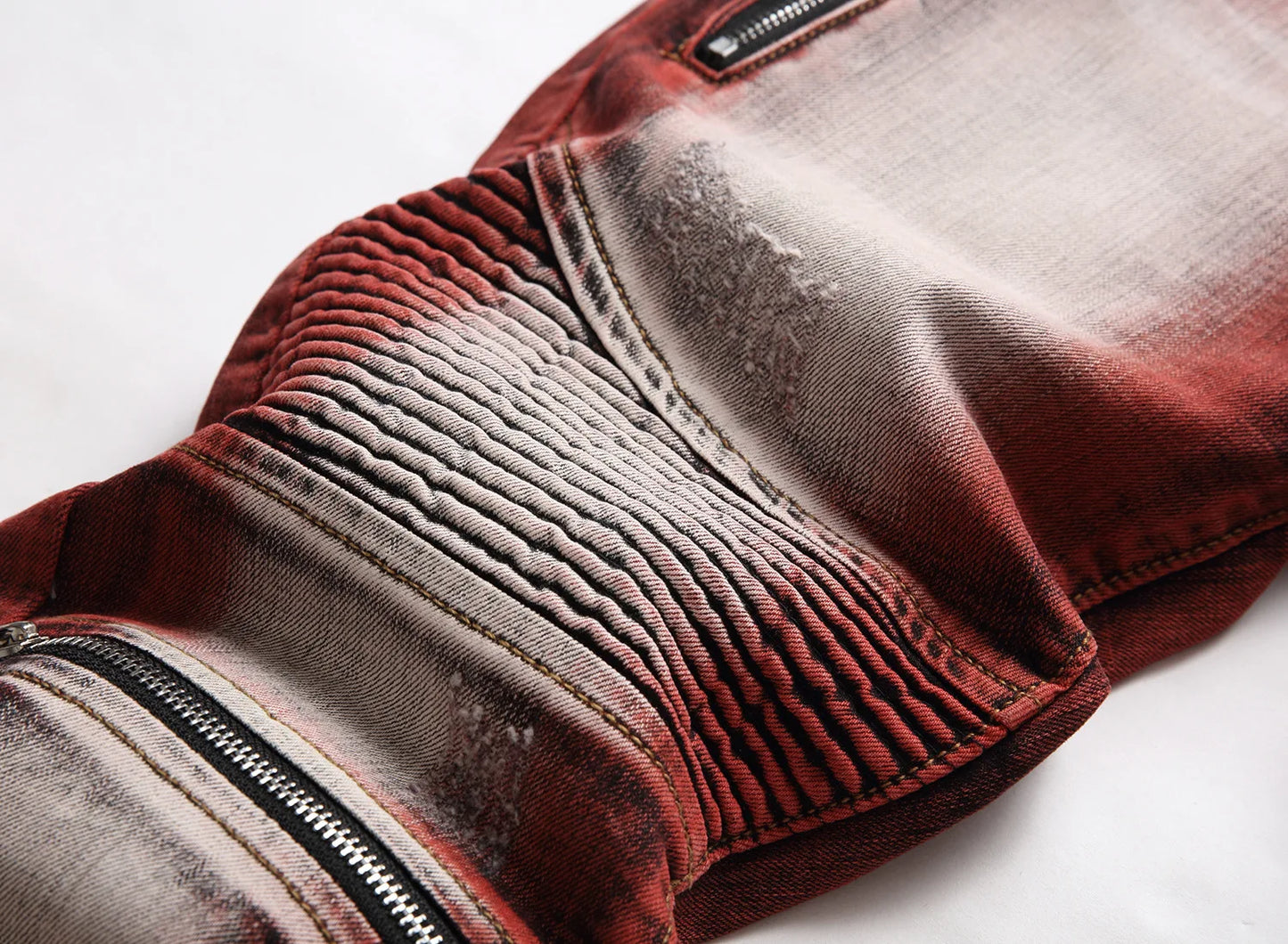 American Style Motorcycle Men's Jeans Y2k Streetwear 95% Cotton Pleated Zipper Design Slim Wine Red Jeans Vintage Pencil Pants