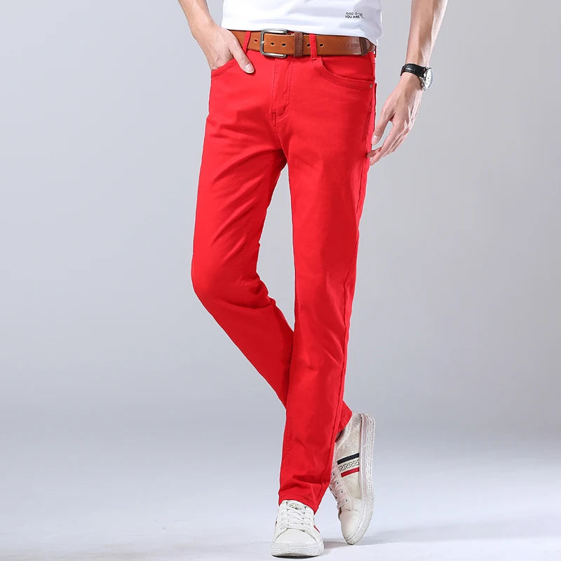 Classic Style Men's Jeans Fashion Business Casual Pants Straight Slim Denim Stretch Trousers Blue Red Yellow Male Brand Pants