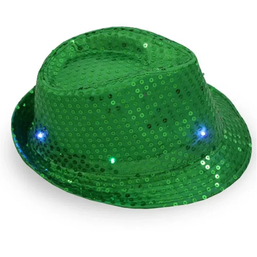 Woman Men Kids LED Light Up Sequin Fedora Jazz Hat Cap Gift Necktie Tie Neon Glow Party Bar Birthday Costume Wedding Festival