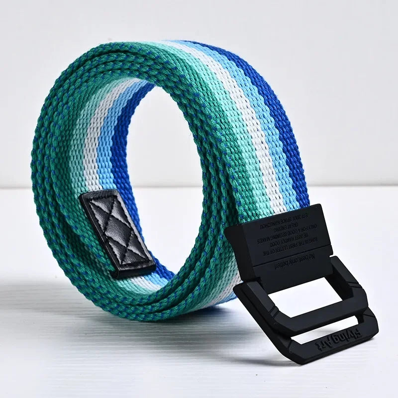 Unisex Canvas Belt Men Stripe Rainbow Metal Double Ring Buckle Jeans Student - Belt Designer Belt for Women