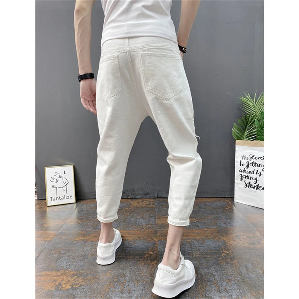 Japanese Trend New Men's Ripped Hole Jeans White Green Black Ankle Length Youth Fashion Loose Denim Harem Cargo Pants