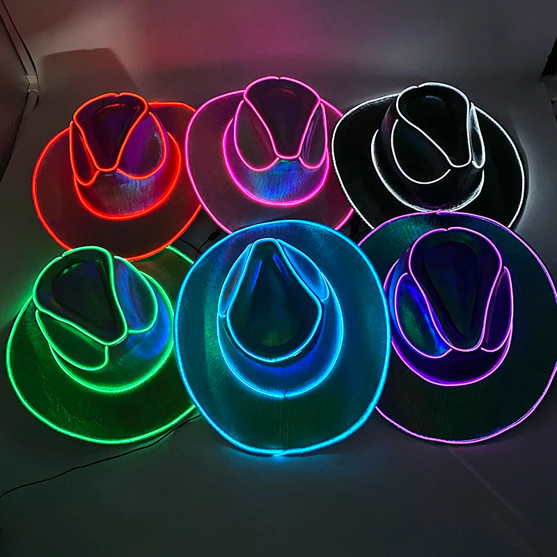 LED Western Cowboy Hat Cowgirl Hat Retro EL Wire Light Brim Jazz Top Hat Bride Cowboy Hat Cosplay Cowboy Costume For Women Men