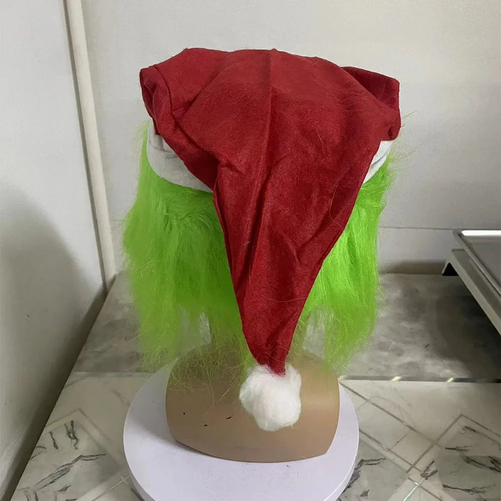 Halloween Prop New Christmas Easter Horror Mask Geek Grinch Latex Mask Hood Cosplay Green Hair Geek Grinch Scary Realistic Mask