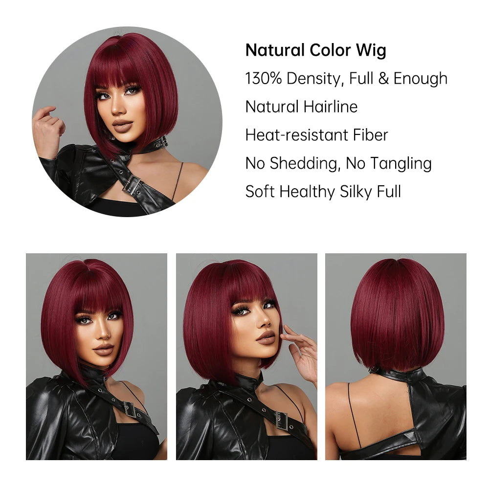 Short Wine Red Synthetic Wigs Straight Hair Wig with Bangs Bob Hair for Black Women Afro Cosplay Party Heat Resistant Wigs