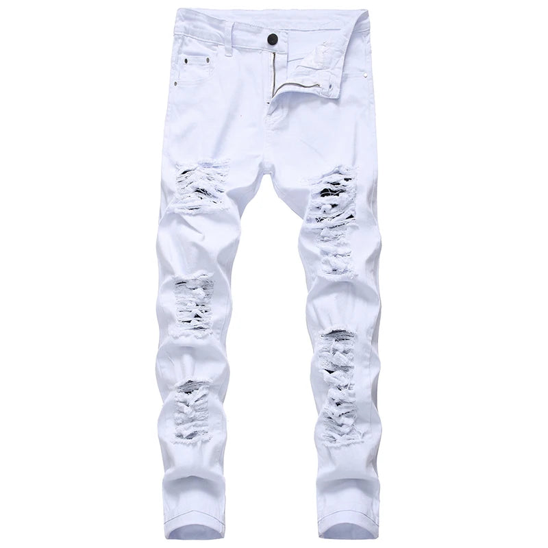 Men's Red White Black Color Fashion Jeans Slim Stretch Pencil Denim Pants Hole Casual Classic Trousers Versatile Brand Big Size