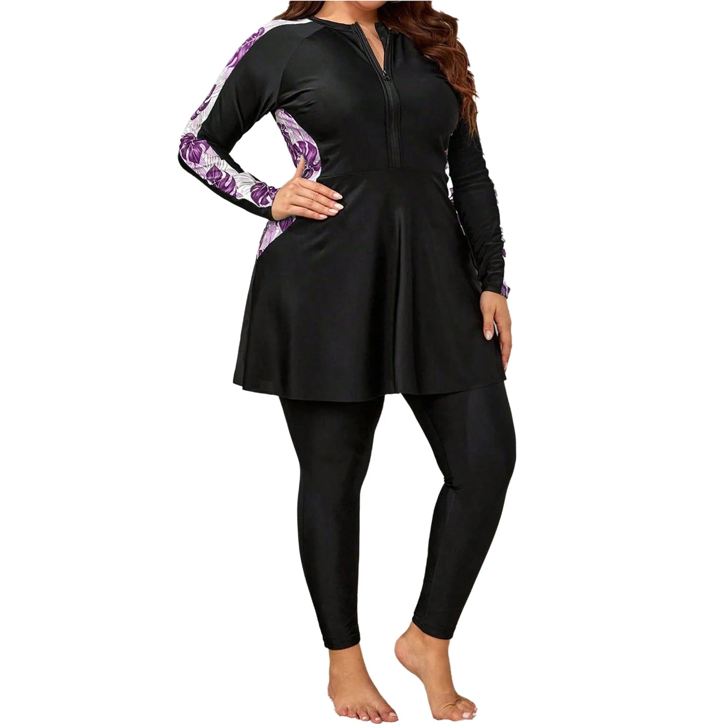 Women Plus Size Two-Piece Swimsuit Long Sleeve Floral Print Zipper Dress with Leggings Swimwear Bathing Suit Rash Guard Wetsuit
