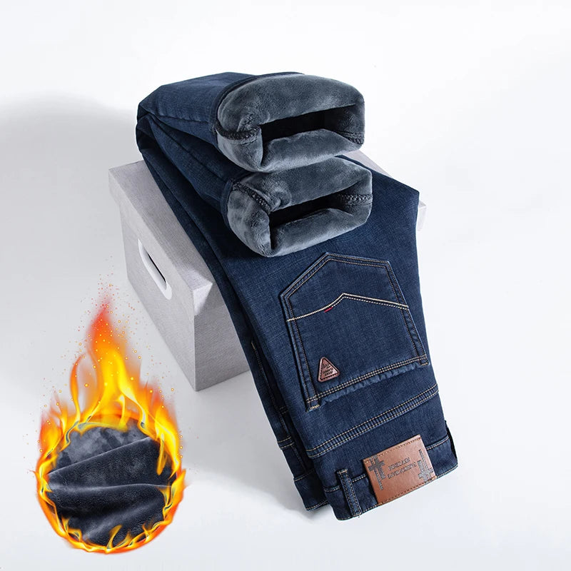 HIQOR Winter Fleece Thick Jeans Men Business Casual Straight Trousers Male Classic Blue Black Jeans For Men Work Denim Man Pants