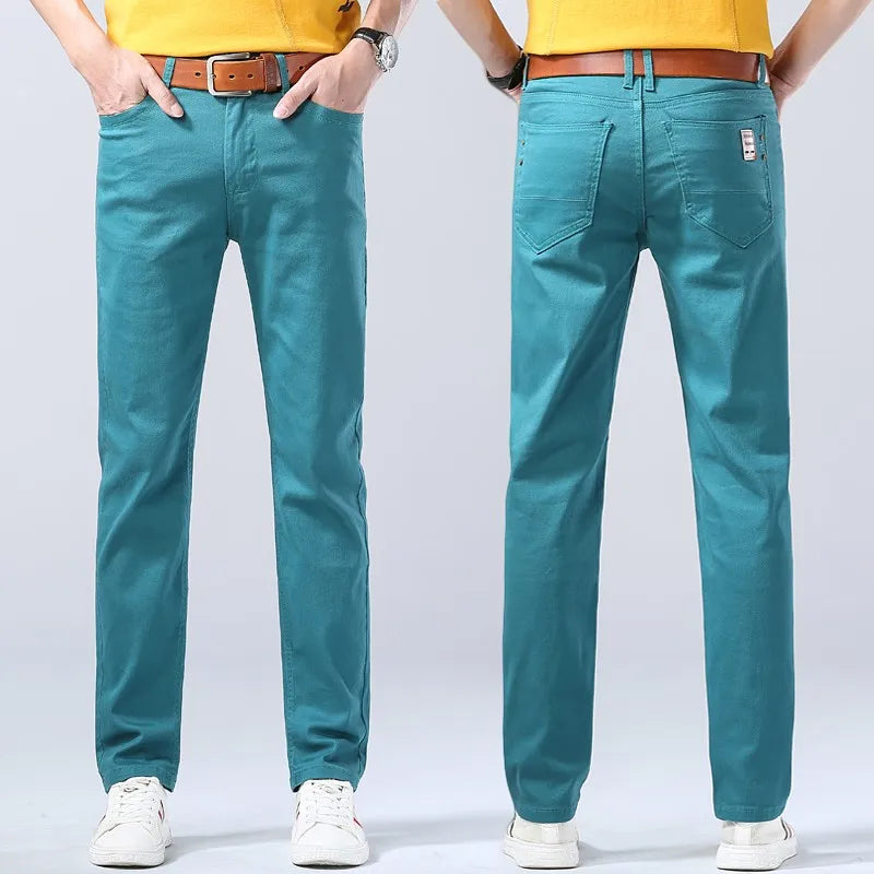Fashion Straight Stretch Denim Pants Solid New Men's Slim Jeans Solid Yellow Red Green Blue Business Casual Classic Trousers
