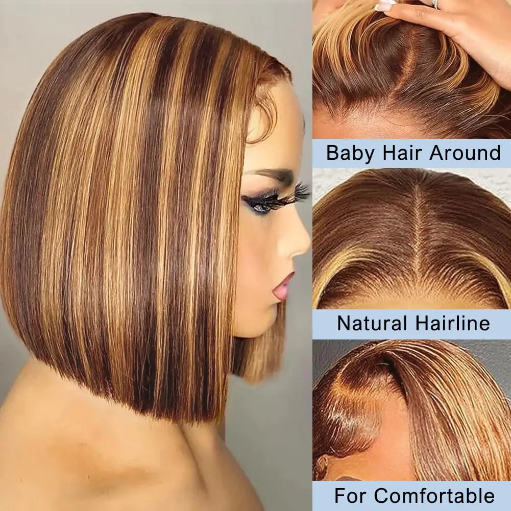 Glueless Highlight Bob Human Hair Wig 13x6 Highlight Straight Bob Lace Front Wig Human Hair Wear&Go Highlight Bob Human Hair Wig