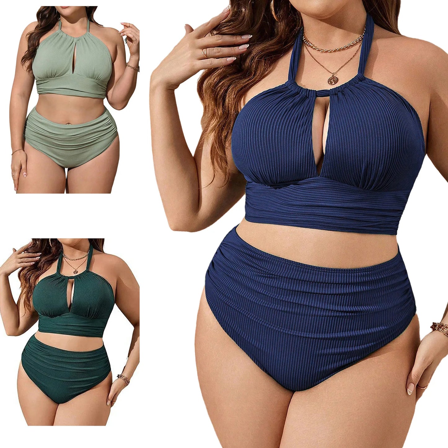 Women Two-Piece Plus Size Swimwear Halter Cutout Tops with Briefs Bikini Swimsuit Pool Beach Bathing Suit Surfing Rash Guard