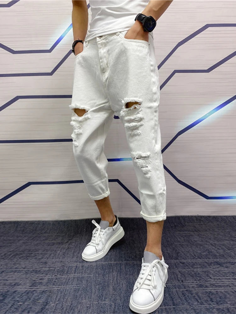 Japanese Trend New Men's Ripped Hole Jeans White Green Black Ankle Length Youth Fashion Loose Denim Harem Cargo Pants