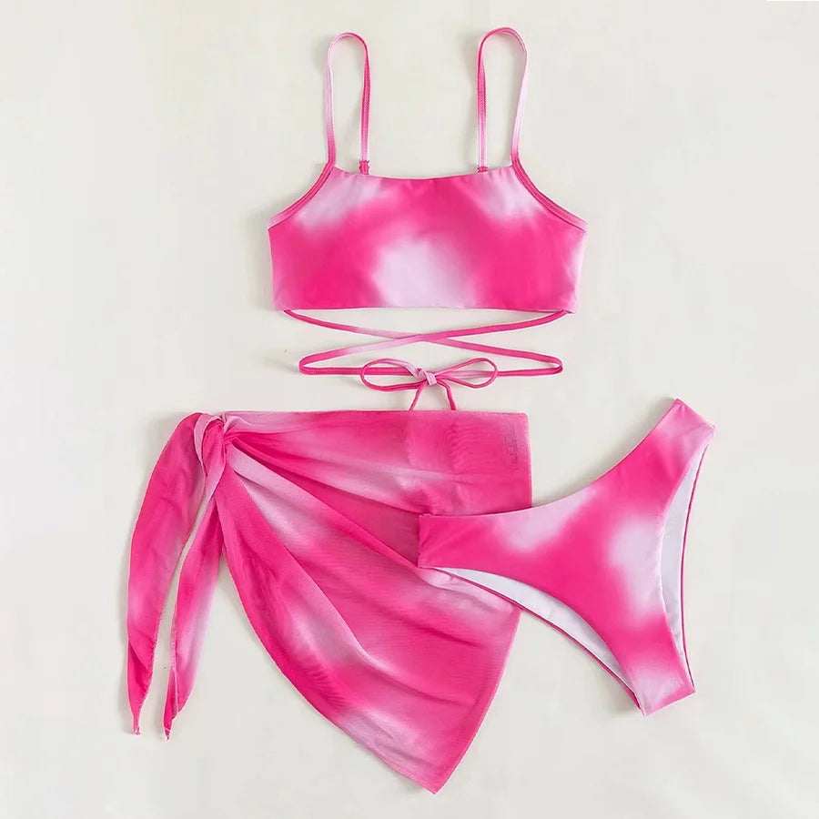 3 Pieces Bikini Suit Tie Dye Sexy Low Waist Bandage Swim Vest And Shorts Cover Up Swimwear Female Women Bathing Suits