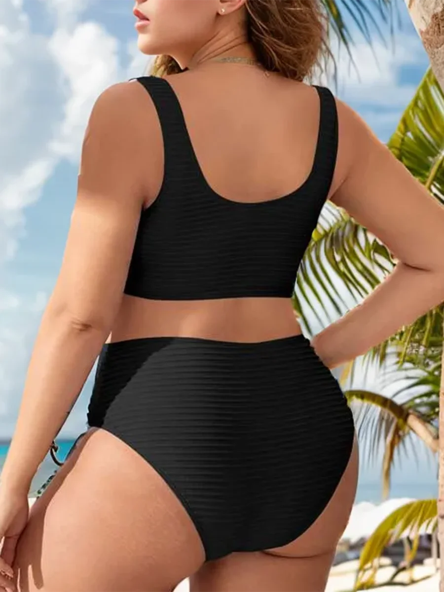 2025 Large Plus Size Solid V Neck Bikini Two Piece High Waist Swimsuit Women Swimwear Female Bathing Suit Beachwear Swimming