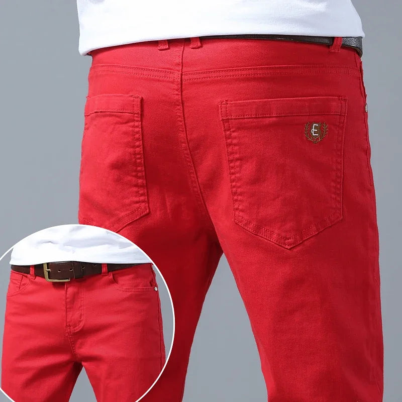 Men's Straight Pink Jeans High Quality Design Fashionable Denim Pants Stretch Slim Casual Youth Streetwear Male Yellow Red