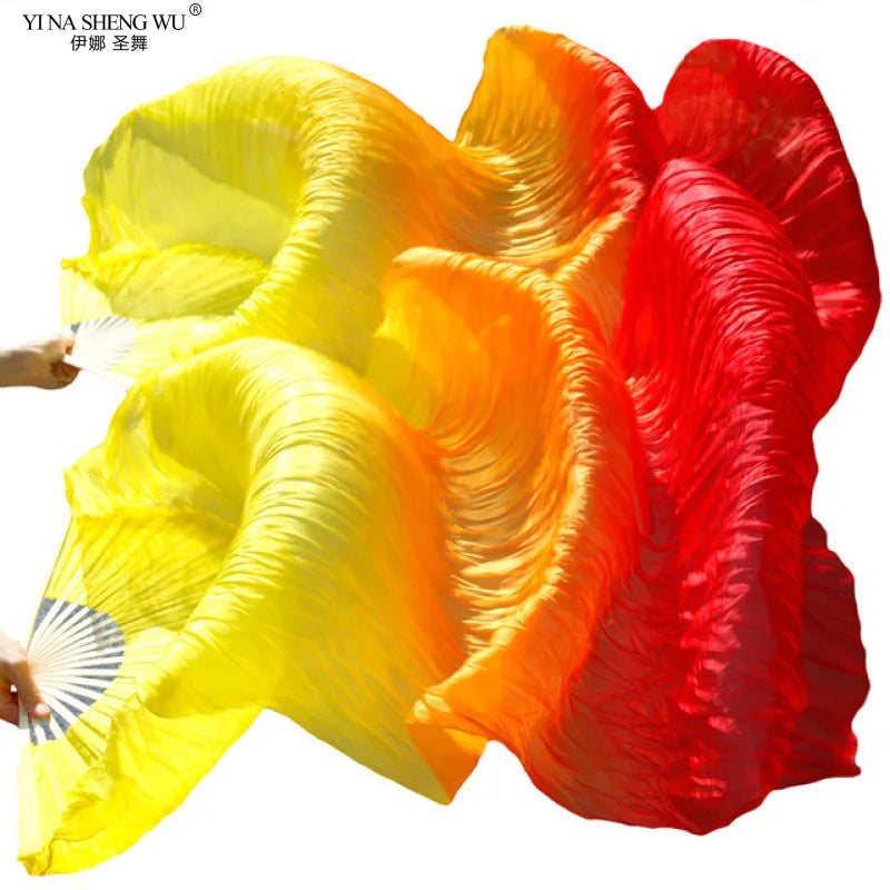Belly Dance Fans Gradient Color Imitation Silk Fans Belly Dance Performance Props Long Fans Yellow+Orange+Red Customizable