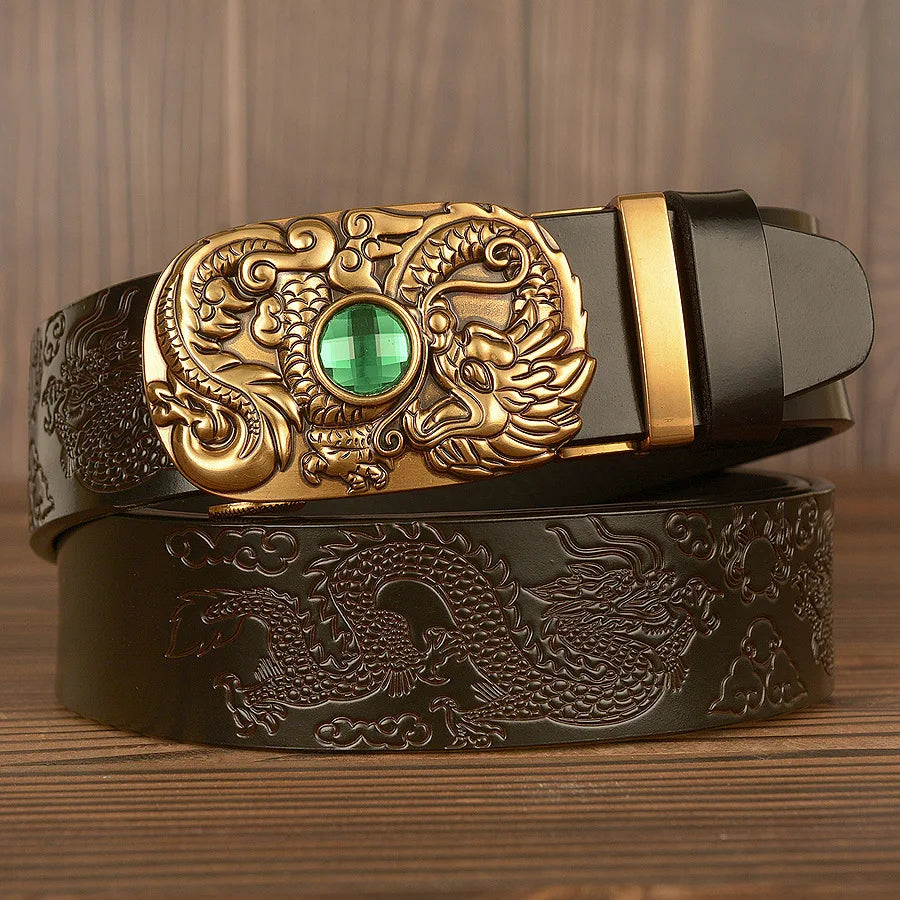 Men's Dragon Pattern Jewel Belt Coskin Leather Belt Men's Carved Dragon Pattern Automatic Buckle Belt Jeans New Designer Belt