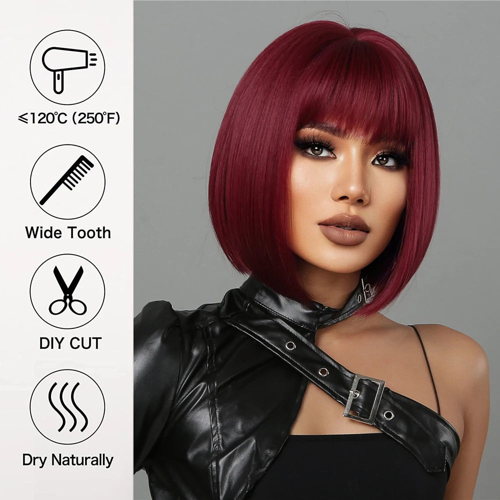 Short Wine Red Synthetic Wigs Straight Hair Wig with Bangs Bob Hair for Black Women Afro Cosplay Party Heat Resistant Wigs