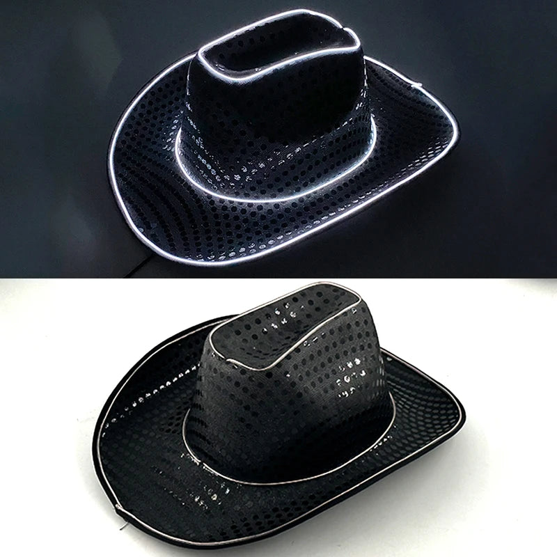 Halloween Christmas EL Wire Light Up Sequin Jazz Hat Adult Neon LED Luminous Festival Party Dress Up Cap For Men and Women