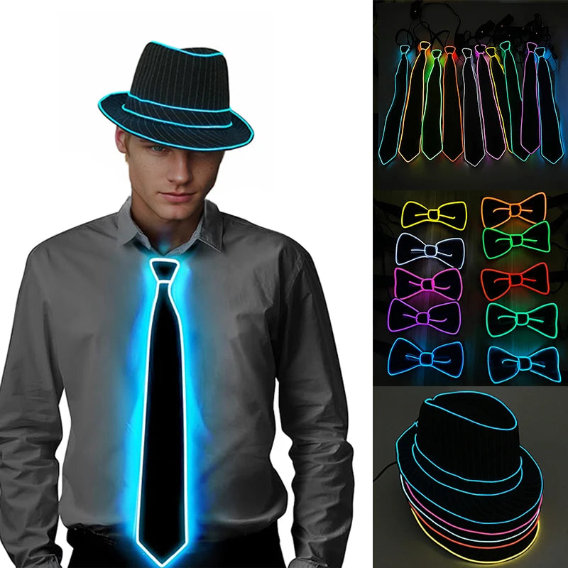 light up Men's hat and tie Led luminous Funny hat glowing Top Hat for Fluorescent club dance show props performances costumes