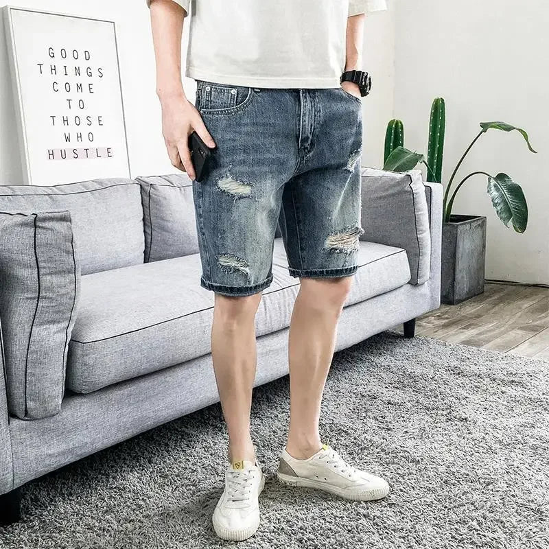 Man Denim Shorts Ripped Straight Trend 2024 Short Jeans Pants for Men New in Popular Xl Blue Y2k Fashion Cowboy Original Sale