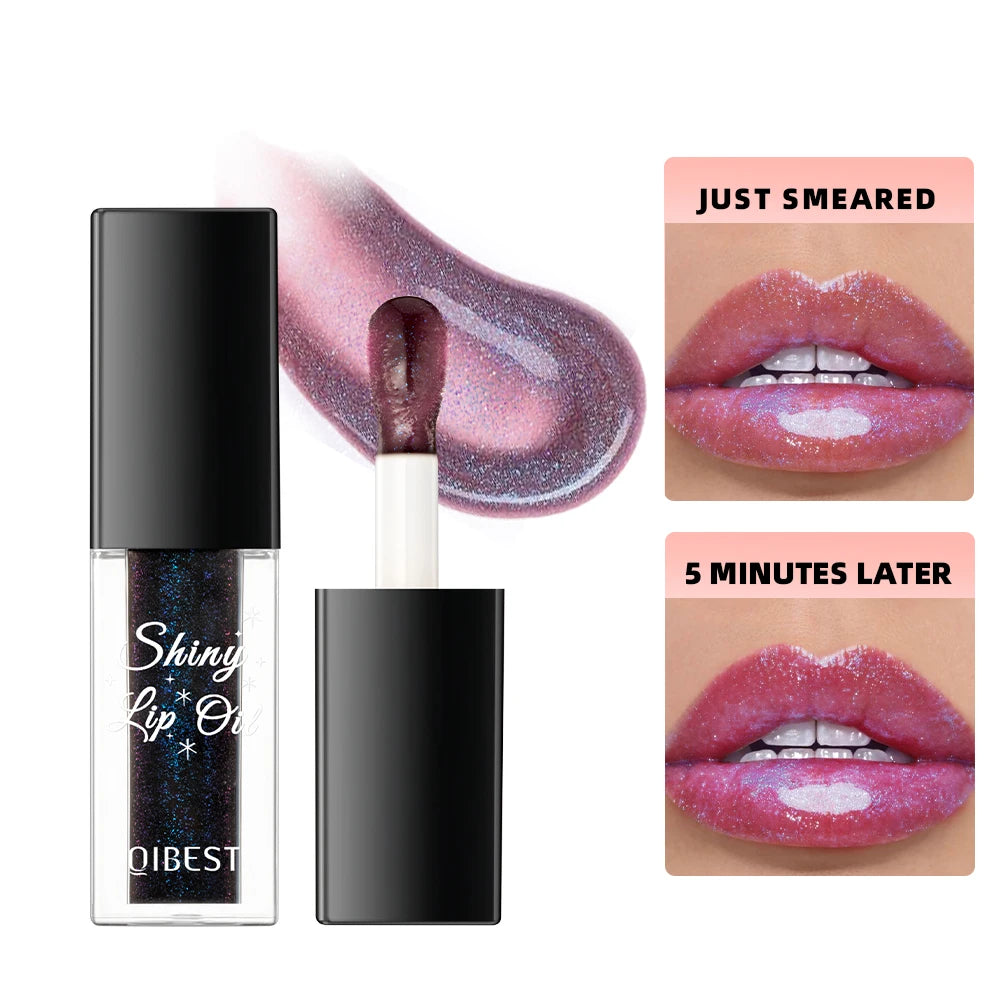 QIBEST Shimmer Lip Oil Black Color Changing Lipgloss Moisturizing Shiny Mirror Lip Gloss Oil Plumping Glitter Lip Makeup Tint