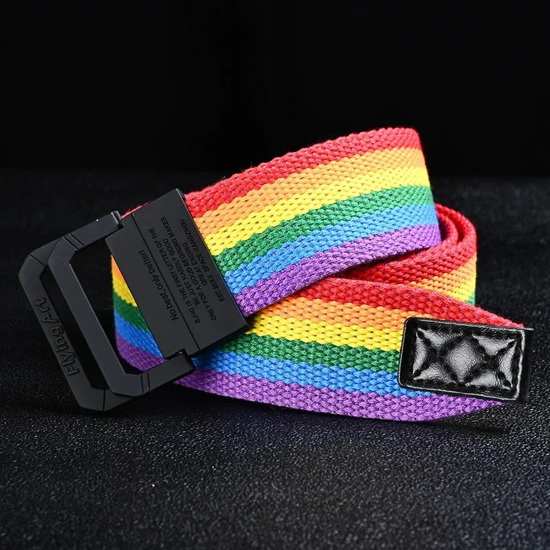 Unisex Canvas Belt Men Stripe Rainbow Metal Double Ring Buckle Jeans Student - Belt Designer Belt for Women