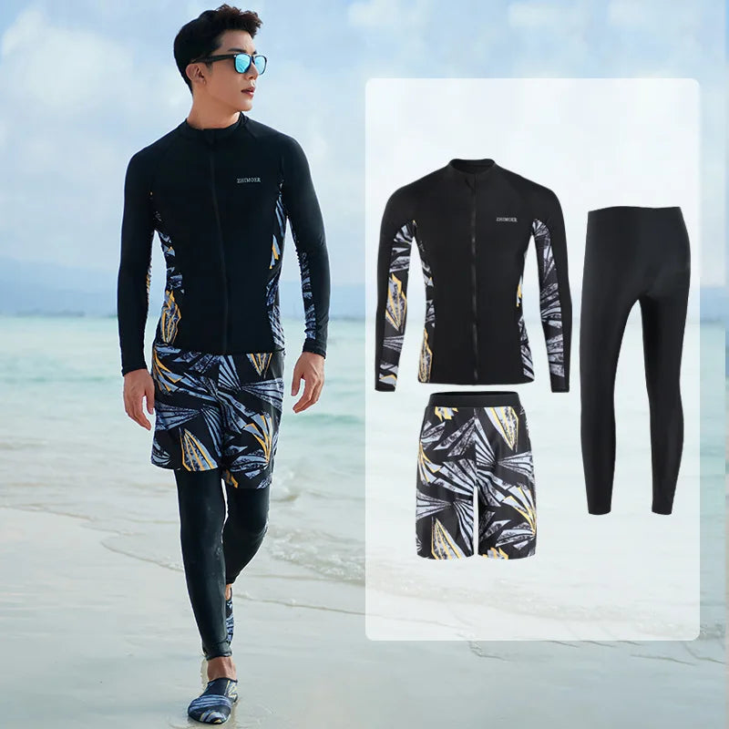 Men Rash Guard Diving Suits Surfing Swimwear Long Sleeve Suit Swim Shirt+Trunks+Shorts UV Swimming RashGuard Prevent Jellyfish