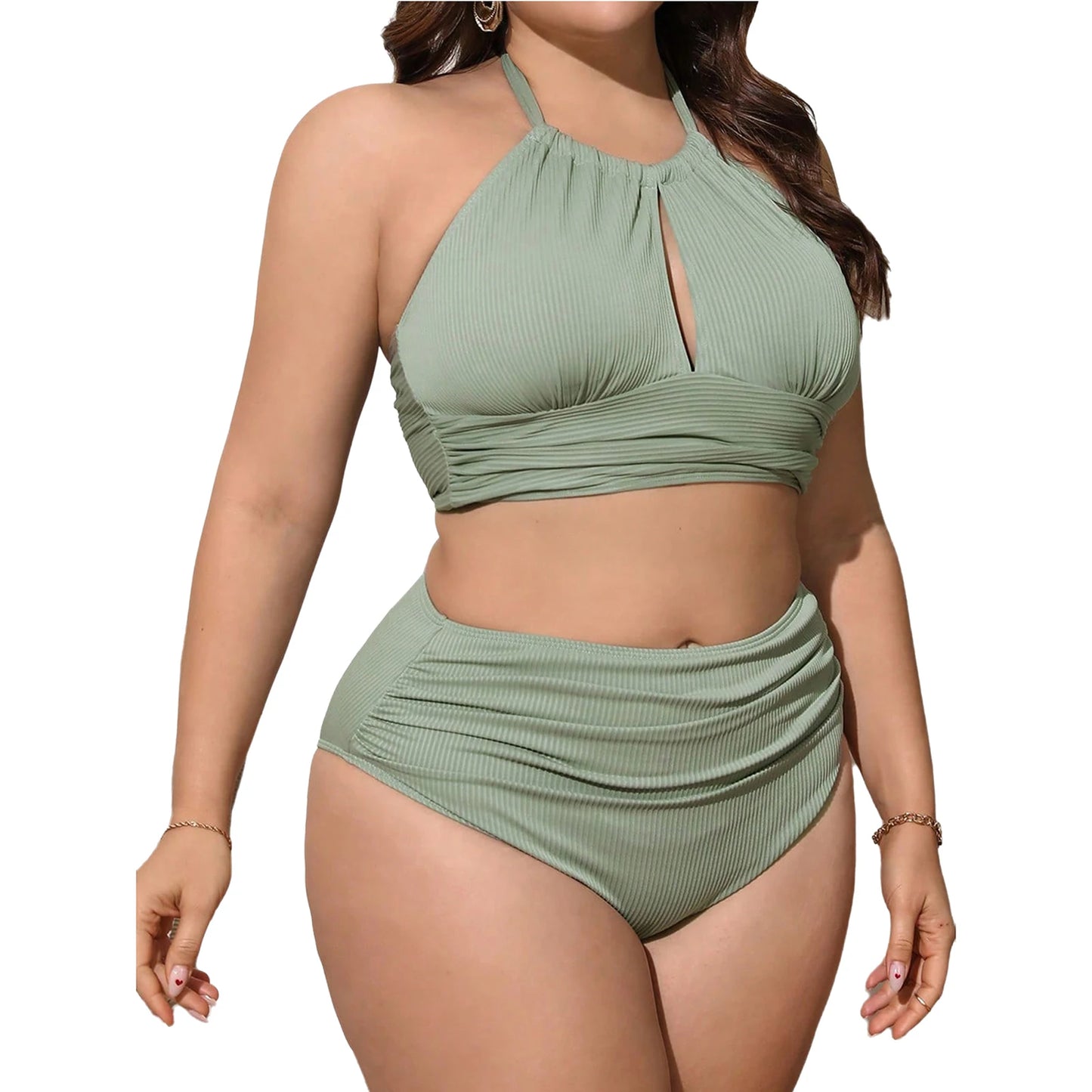 Women Plus Size Two-Piece Swimsuit Swimwear Halter Cutout Tops with Briefs Bikini Bathing Suit for Pool Beach Surfing Diving