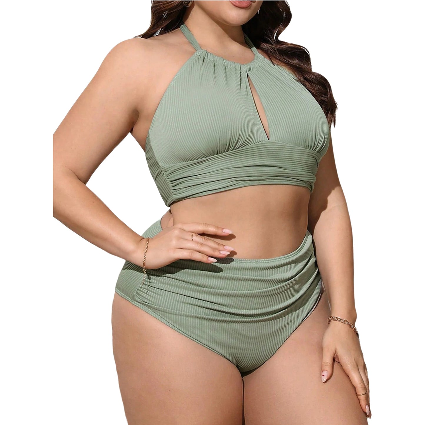 Women Plus Size Two-Piece Swimsuit Swimwear Halter Cutout Tops with Briefs Bikini Bathing Suit for Pool Beach Surfing Diving